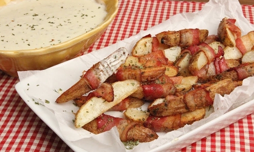 Bacon Wrapped Potatoes with Queso Blanco Dip Recipe | Laura in the Kitchen - Internet Cooking Show