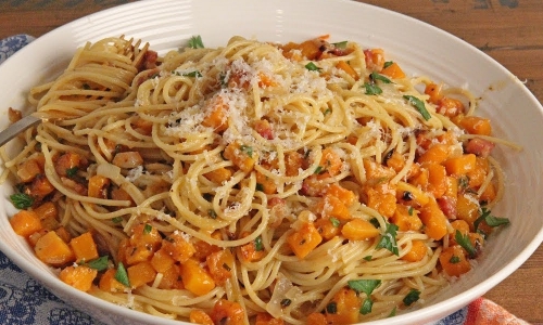 Carbonara with Squash and Pancetta Recipe | Laura in the Kitchen - Internet Cooking Show