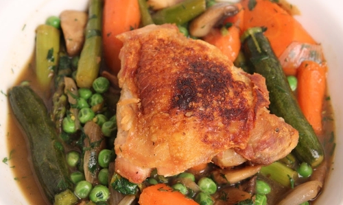 Crispy Chicken with Spring Braised Vegetables Recipe | Laura in the Kitchen - Internet Cooking Show