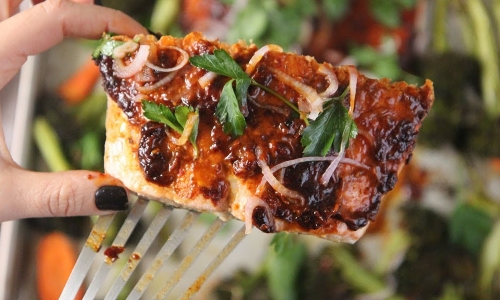 Harissa Roasted Salmon and Veggies Recipe | Laura in the Kitchen - Internet Cooking Show