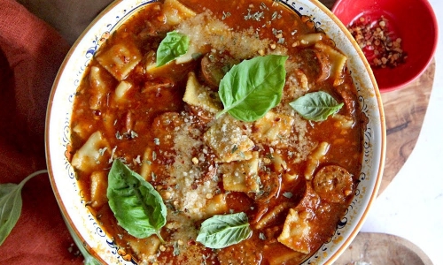 Mini Ravioli and Sausage Soup Recipe | Laura in the Kitchen - Internet Cooking Show