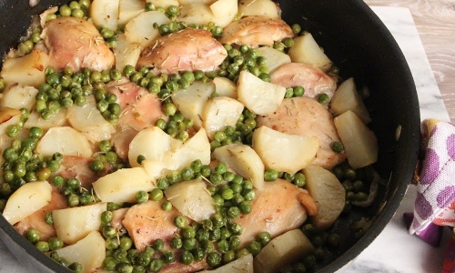 One Pan Roasted Chicken with Potatoes and Peas Recipe | Laura in the Kitchen - Internet Cooking Show