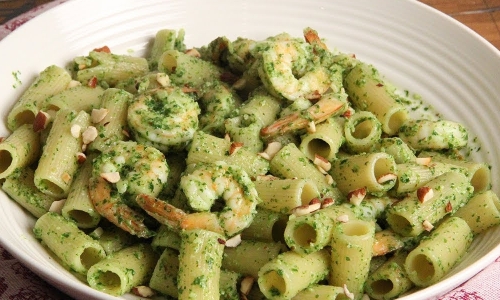 Pasta with Shrimp and Arugula Pesto Recipe | Laura in the Kitchen - Internet Cooking Show