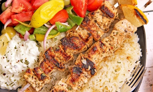 Pork Souvlaki with Lemon Rice Recipe | Laura in the Kitchen - Internet Cooking Show