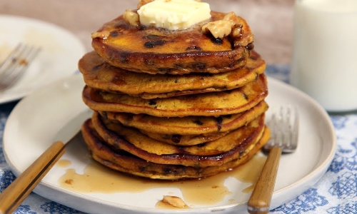 Pumpkin Chocolate Chip Pancakes Recipe | Laura in the Kitchen - Internet Cooking Show