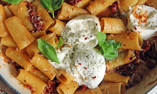 Rigatoni with Sun Dried Tomatoes and Burrata Recipe | Laura in the Kitchen - Internet Cooking Show