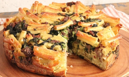 Sausage and Broccoli Rabe Pasta Pie Recipe | Laura in the Kitchen - Internet Cooking Show