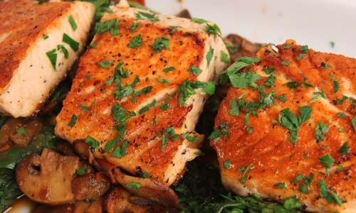 Seared Salmon with Sauteed Spinach and Mushrooms Recipe | Laura in the Kitchen - Internet Cooking Sh