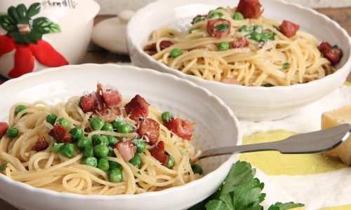 Spaghetti with Peas and Pancetta Recipe | Laura in the Kitchen - Internet Cooking Show