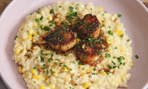 Corn Risotto with Blackened Scallops