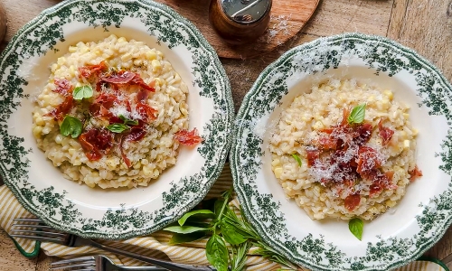 Corn Risotto with Crispy Prosciutto