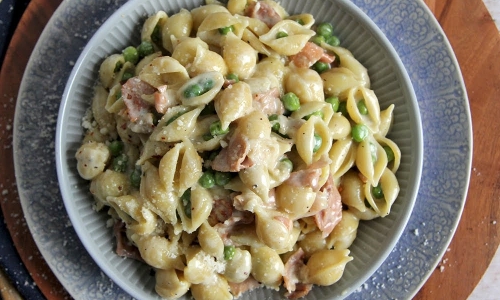 Creamy Shells with Peas and Prosciutto Recipe | Laura in the Kitchen - Internet Cooking Show