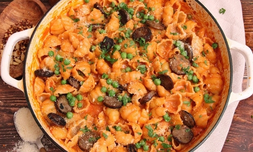 Pasta with Vodka Sauce Sausage and Peas Recipe | Laura in the Kitchen - Internet Cooking Show