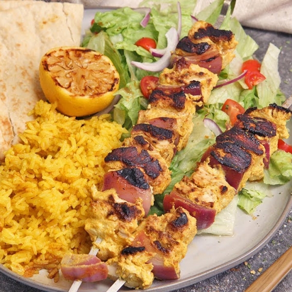 Chicken Kebabs with Yellow Rice