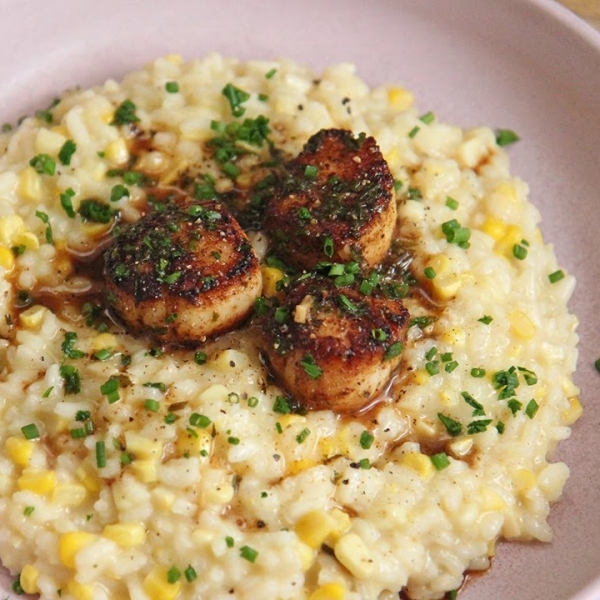 Corn Risotto with Blackened Scallops