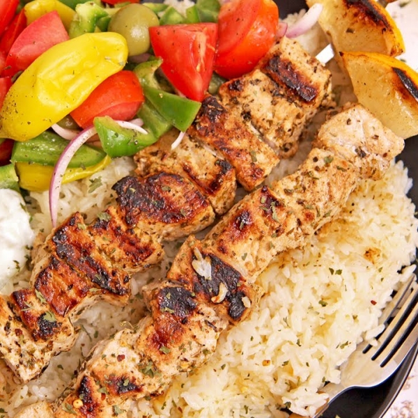 Pork Souvlaki with Lemon Rice